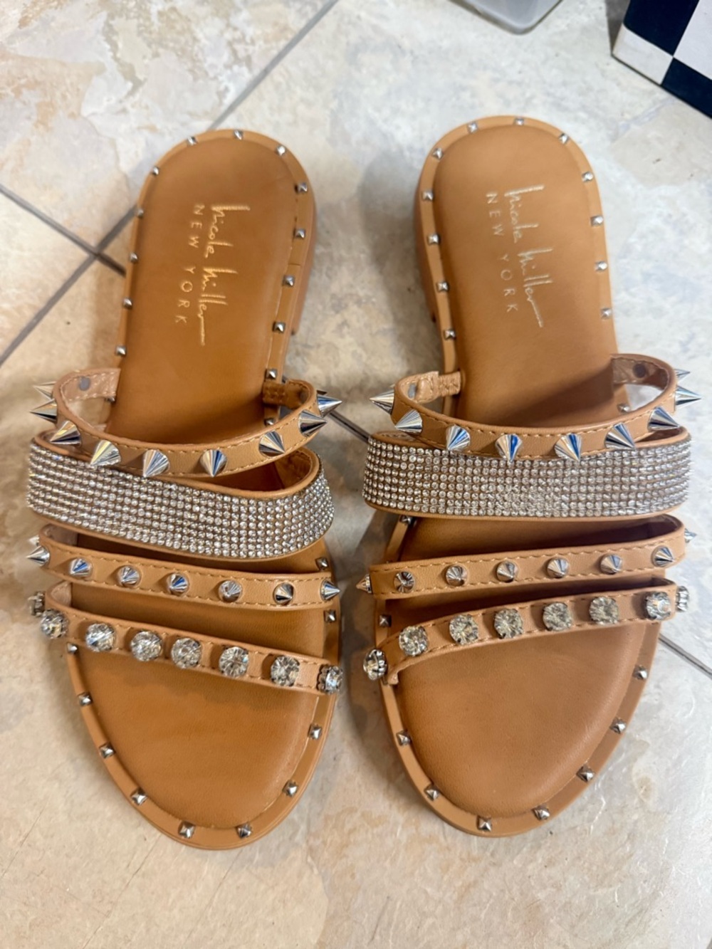 Nicole Miller Tan Rhinestone & Stud Slide Sandals